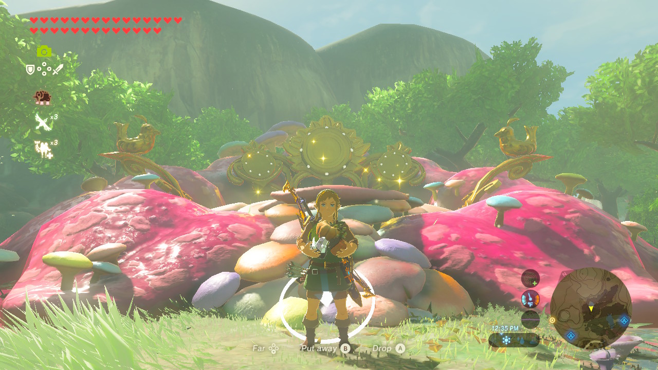 A screenshot from The Legend of Zelda: Breath of the Wild where Link is standing in front a Great Fairy Fountain.